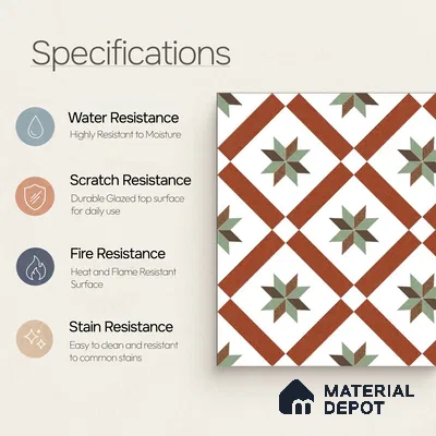 Moroccan Wall & Floor Athangudi Tile TL 09105 132 1 ft x 1 ft Vitrified Carving Matte Finish - 9 mm | Suitable For Bathroom, Kitchen, Balcony | Please Expect a Slight Variation of Pattern