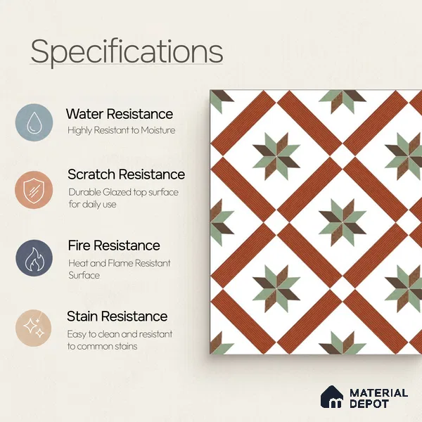 Moroccan Wall & Floor Athangudi Tile TL 09105 132 1 ft x 1 ft Vitrified Carving Matte Finish - 9 mm | Suitable For Bathroom, Kitchen, Balcony | Please Expect a Slight Variation of Pattern