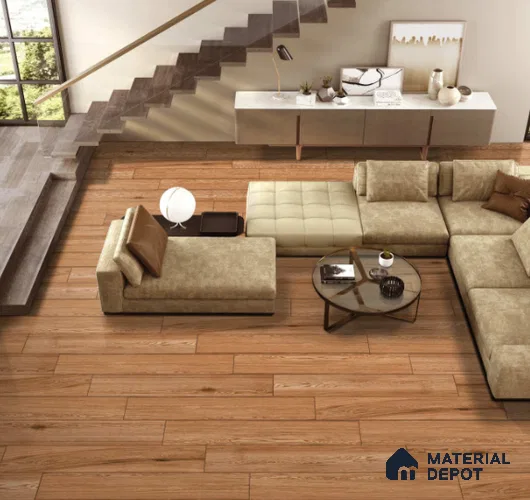Brown Wooden Strip Floor & Wall Tile TL 09130 Grainor Copper Bonny 4 ft x 8 Inch Vitrified Carving Matte Finish - 9 mm | Suitable for Living Room, Bedroom, Foyer, Dining | 2-3 mm Spacer is Mandatory