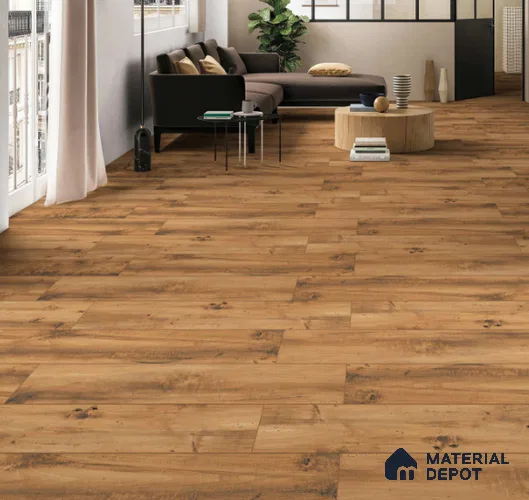 Brown Wooden Strip Floor & Wall Tile TL 09135 Grainor Copper Tuscany 4 ft x 8 Inch Vitrified Carving Matte Finish - 9 mm | Suitable for Living Room, Bedroom, Foyer, Dining | 2-3 mm Spacer is Mandatory