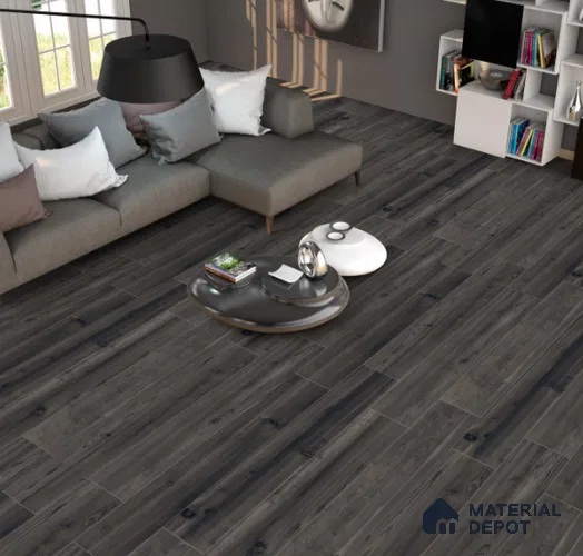 Black Wooden Strip Floor & Wall Tile TL 09141 Grainor Spatula Black 4 ft x 8 Inch Vitrified Carving Matte Finish - 9 mm | Suitable for Living Room, Bedroom, Foyer, Dining | 2-3 mm Spacer is Mandatory