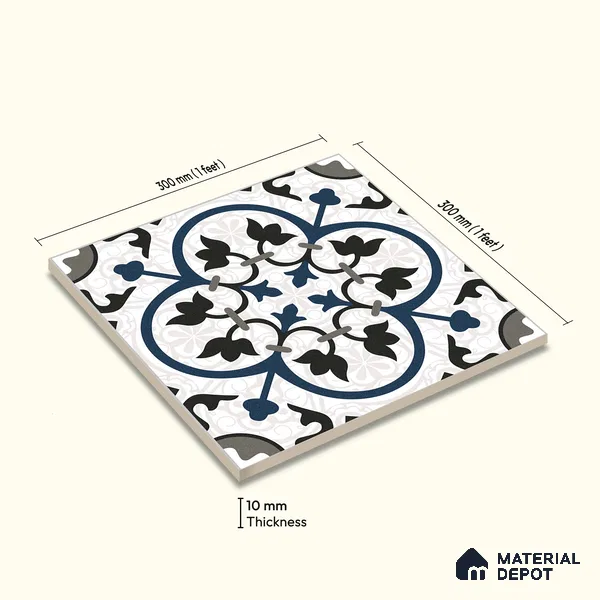 Moroccan Wall & Floor Tile TL 09164 | Matte Finish 1 ft x 1 ft Ceramic Tile - 10 mm | Suitable For Bathroom, Kitchen, Balcony | Please Expect a Slight Variation of Pattern