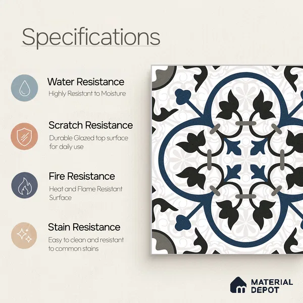 Moroccan Wall & Floor Tile TL 09164 | Matte Finish 1 ft x 1 ft Ceramic Tile - 10 mm | Suitable For Bathroom, Kitchen, Balcony | Please Expect a Slight Variation of Pattern