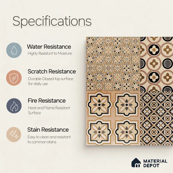 Moroccan Wall & Floor Tile TL 09166 | Matte Finish 1 ft x 1 ft Ceramic Tile - 10 mm | Suitable For Bathroom, Kitchen, Balcony | Please Expect a Slight Variation of Pattern