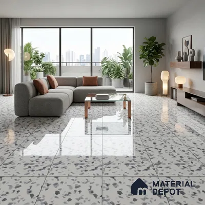 Terrazzo Floor & Wall Tile TL 09341 Carmen White 4 ft x 2 ft Polished Finish Vitrified Tile - 9 mm | 4 Random Design | Suitable For Living Room, Bedroom, Dining Area