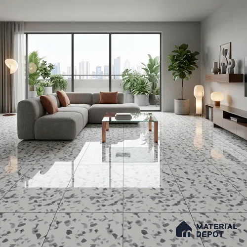 Terrazzo Floor & Wall Tile TL 09341 Carmen White 4 ft x 2 ft Polished Finish Vitrified Tile - 9 mm | 4 Random Design | Suitable For Living Room, Bedroom, Dining Area