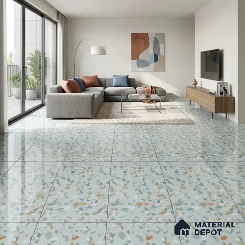 Terrazzo Floor & Wall Tile TL 09354 Carmen Teal 4 ft x 2 ft Polished Finish Vitrified Tile - 9 mm | 4 Random Design | Suitable For Living Room, Bedroom, Dining Area