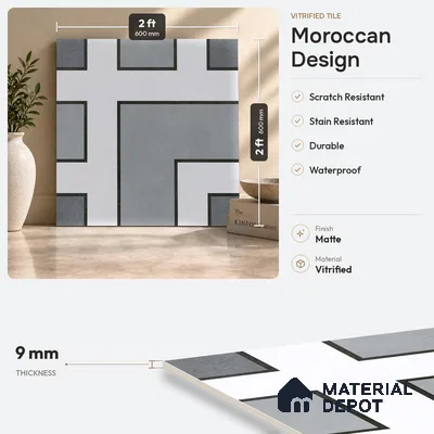 Moroccan Look Floor Tile TL 09399 | Matte Finish 2 ft x 2 ft Vitrified Tile - 12 mm | Suitable For Balcony, Bathroom, Dining Area | Please Expect a Slight Variation of Pattern