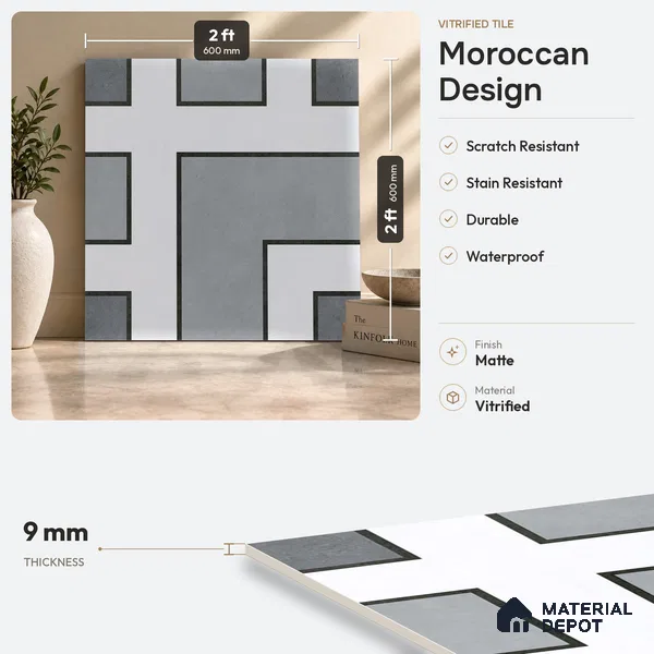 Moroccan Look Floor Tile TL 09399 | Matte Finish 2 ft x 2 ft Vitrified Tile - 12 mm | Suitable For Balcony, Bathroom, Dining Area | Please Expect a Slight Variation of Pattern