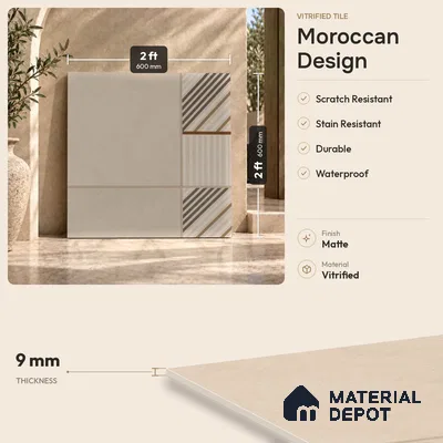 Moroccan Floor Tile TL 09453 West Beige 2 ft x 2 ft Fusion Finish Vitrified Tile - 9 mm | 1 Random Design | Suitable For Kitchen, Accent/Feature Wall, Dining Area | Please Expect a Slight Variation of Pattern