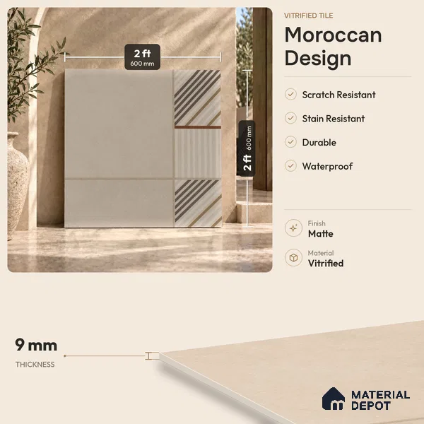 Moroccan Floor Tile TL 09453 West Beige 2 ft x 2 ft Fusion Finish Vitrified Tile - 9 mm | 1 Random Design | Suitable For Kitchen, Accent/Feature Wall, Dining Area | Please Expect a Slight Variation of Pattern
