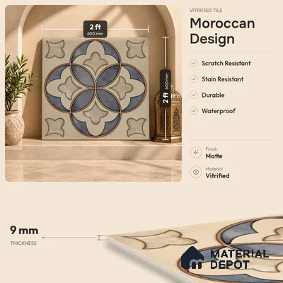 Moroccan Wall & Floor Tile TL 09455 Indo Decore 2 ft x 2 ft Fusion Finish Vitrified Tile - 9 mm | 1 Random Design | Suitable For Kitchen, Balcony, Dining Area | Please Expect a Slight Variation of Pattern