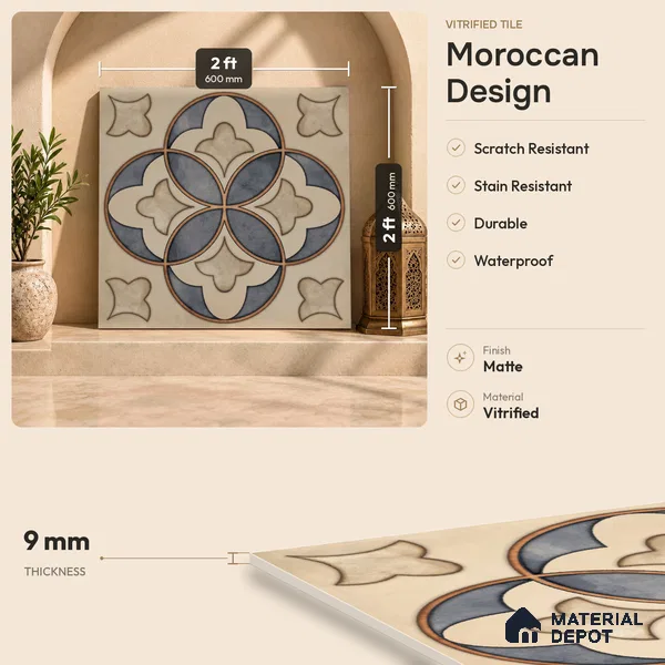 Moroccan Wall & Floor Tile TL 09455 Indo Decore 2 ft x 2 ft Fusion Finish Vitrified Tile - 9 mm | 1 Random Design | Suitable For Kitchen, Balcony, Dining Area | Please Expect a Slight Variation of Pattern