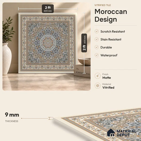Moroccan Wall & Floor Tile TL 09456 Antiqa Shag 2 ft x 2 ft Fusion Finish Vitrified Tile - 9 mm | 1 Random Design | Suitable For Kitchen, Bedroom, Dining Area | Please Expect a Slight Variation of Pattern