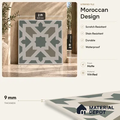 Moroccan Floor Tile TL 09460 Chevron Green 2 ft x 2 ft Fusion Finish Vitrified Tile - 9 mm | 1 Random Design | Suitable For Kitchen, Accent/Feature Wall, Dining Area | Please Expect a Slight Variation of Pattern