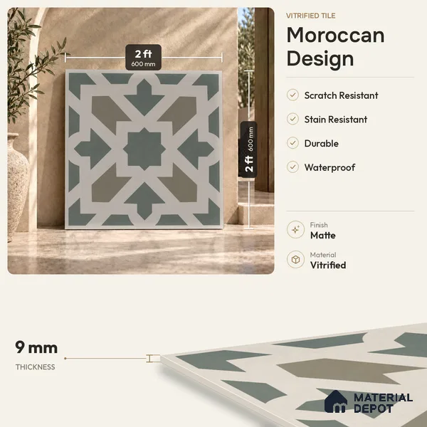 Moroccan Floor Tile TL 09460 Chevron Green 2 ft x 2 ft Fusion Finish Vitrified Tile - 9 mm | 1 Random Design | Suitable For Kitchen, Accent/Feature Wall, Dining Area | Please Expect a Slight Variation of Pattern