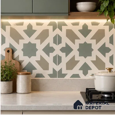Moroccan Floor Tile TL 09460 Chevron Green 2 ft x 2 ft Fusion Finish Vitrified Tile - 9 mm | 1 Random Design | Suitable For Kitchen, Accent/Feature Wall, Dining Area | Please Expect a Slight Variation of Pattern