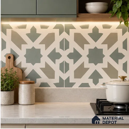 Moroccan Floor Tile TL 09460 Chevron Green 2 ft x 2 ft Fusion Finish Vitrified Tile - 9 mm | 1 Random Design | Suitable For Kitchen, Accent/Feature Wall, Dining Area | Please Expect a Slight Variation of Pattern
