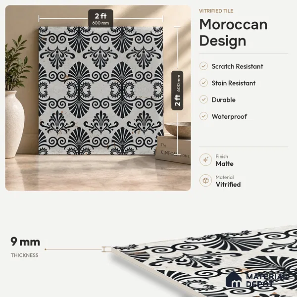 Moroccan Floor Tile TL 09461 Lecce 2 ft x 2 ft Fusion Finish Vitrified Tile - 9 mm | 1 Random Design | Suitable For Balcony, Accent/Feature Wall, Dining Area | Please Expect a Slight Variation of Pattern