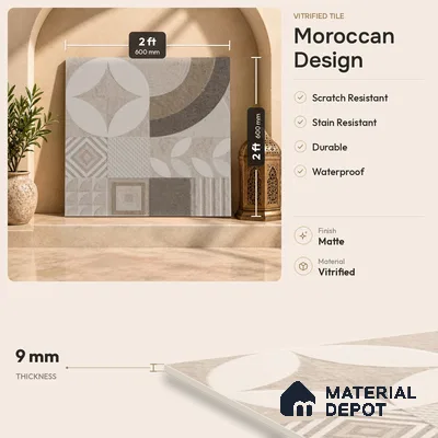 Moroccan Floor Tile TL 09463 Hannover Beige 2 ft x 2 ft Stonelo Finish Vitrified Tile - 9 mm | 1 Random Design | Suitable For Kitchen, Bathroom, Dining Area | Please Expect a Slight Variation of Pattern