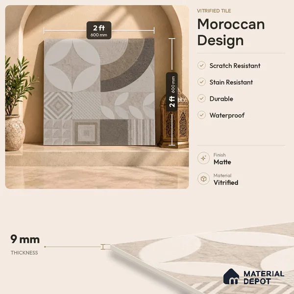 Moroccan Floor Tile TL 09463 Hannover Beige 2 ft x 2 ft Stonelo Finish Vitrified Tile - 9 mm | 1 Random Design | Suitable For Kitchen, Bathroom, Dining Area | Please Expect a Slight Variation of Pattern
