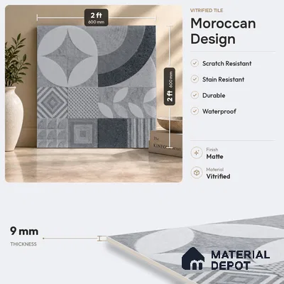 Moroccan Floor Tile TL 09463 B Hannover Gris 2 ft x 2 ft Stonelo Finish Vitrified Tile - 9 mm | 1 Random Design | Suitable For Kitchen, Accent/Feature Wall, Dining Area | Please Expect a Slight Variation of Pattern