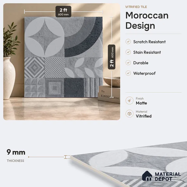 Moroccan Floor Tile TL 09463 B Hannover Gris 2 ft x 2 ft Stonelo Finish Vitrified Tile - 9 mm | 1 Random Design | Suitable For Kitchen, Accent/Feature Wall, Dining Area | Please Expect a Slight Variation of Pattern