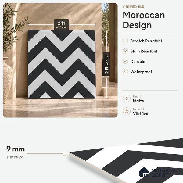 Moroccan Wall & Floor Tile TL 09466 Emo Monochrome 2 ft x 2 ft Matte Finish Vitrified Tile - 9 mm | 1 Random Design | Suitable For Balcony, Bathroom, Dining Area | Please Expect a Slight Variation of Pattern