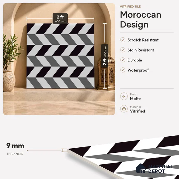 Moroccan Wall & Floor Tile TL 09467 Procal Monochrome 2 ft x 2 ft Matte Finish Vitrified Tile - 9 mm | 1 Random Design | Suitable For Kitchen, Bathroom, Dining Area | Please Expect a Slight Variation of Pattern