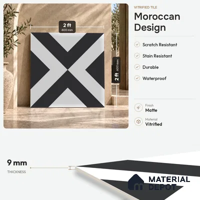 Moroccan Wall & Floor Tile TL 09469 Tele Monochrome 2 ft x 2 ft Matte Finish Vitrified Tile - 9 mm | 1 Random Design | Suitable For Kitchen, Bathroom, Dining Area | Please Expect a Slight Variation of Pattern