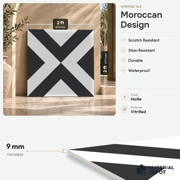 Moroccan Wall & Floor Tile TL 09469 Tele Monochrome 2 ft x 2 ft Matte Finish Vitrified Tile - 9 mm | 1 Random Design | Suitable For Kitchen, Bathroom, Dining Area | Please Expect a Slight Variation of Pattern