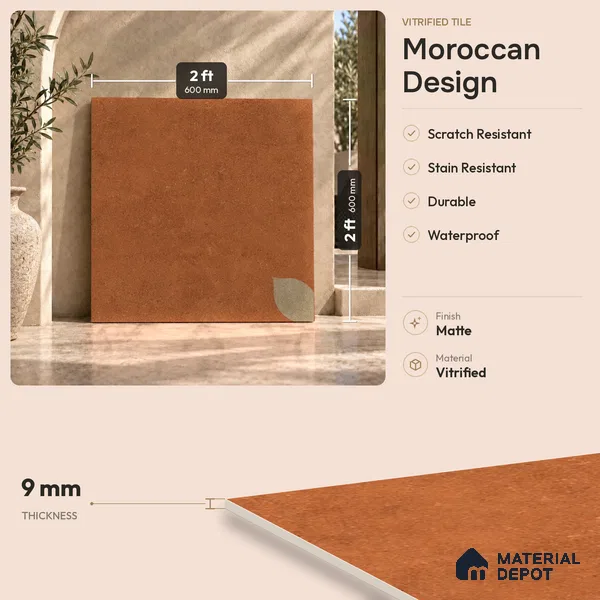Moroccan Floor Tile TL 09477 Element Cotto 2 ft x 2 ft Matte Finish Vitrified Tile - 9 mm | 1 Random Design | Suitable For Courtyard, Balcony, Corridor | Please Expect a Slight Variation of Pattern