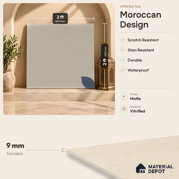 Moroccan Floor Tile TL 09477 B Element Crema 2 ft x 2 ft Matte Finish Vitrified Tile - 9 mm | 1 Random Design | Suitable For Balcony, Bedroom, Dining Area | Please Expect a Slight Variation of Pattern