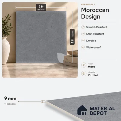 Moroccan Floor Tile TL 09477 C Element Grey 2 ft x 2 ft Matte Finish Vitrified Tile - 9 mm | 1 Random Design | Suitable For Courtyard, Balcony, Corridor | Please Expect a Slight Variation of Pattern