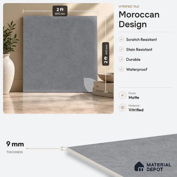 Moroccan Floor Tile TL 09477 C Element Grey 2 ft x 2 ft Matte Finish Vitrified Tile - 9 mm | 1 Random Design | Suitable For Courtyard, Balcony, Corridor | Please Expect a Slight Variation of Pattern