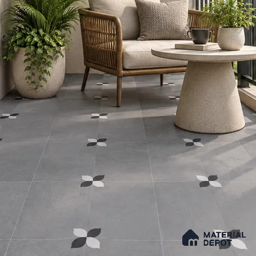 Moroccan Floor Tile TL 09477 C Element Grey 2 ft x 2 ft Matte Finish Vitrified Tile - 9 mm | 1 Random Design | Suitable For Courtyard, Balcony, Corridor | Please Expect a Slight Variation of Pattern