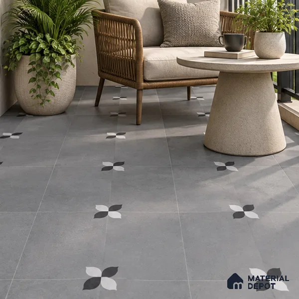 Moroccan Floor Tile TL 09477 C Element Grey 2 ft x 2 ft Matte Finish Vitrified Tile - 9 mm | 1 Random Design | Suitable For Courtyard, Balcony, Corridor | Please Expect a Slight Variation of Pattern