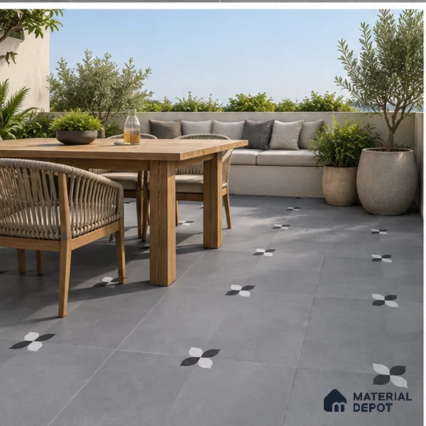 Moroccan Floor Tile TL 09477 C Element Grey 2 ft x 2 ft Matte Finish Vitrified Tile - 9 mm | 1 Random Design | Suitable For Courtyard, Balcony, Corridor | Please Expect a Slight Variation of Pattern