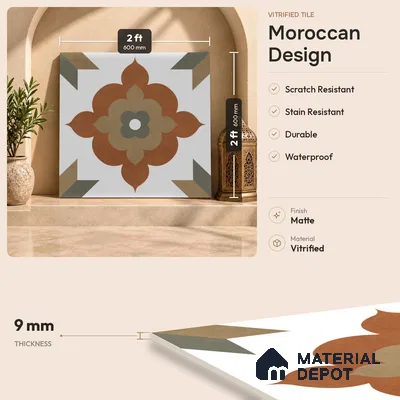 Moroccan Floor Tile TL 09479 Ogee Cotto 2 ft x 2 ft Matte Finish Vitrified Tile - 9 mm | 1 Random Design | Suitable For Kitchen, Balcony, Dining Area | Please Expect a Slight Variation of Pattern