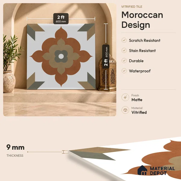 Moroccan Floor Tile TL 09479 Ogee Cotto 2 ft x 2 ft Matte Finish Vitrified Tile - 9 mm | 1 Random Design | Suitable For Kitchen, Balcony, Dining Area | Please Expect a Slight Variation of Pattern
