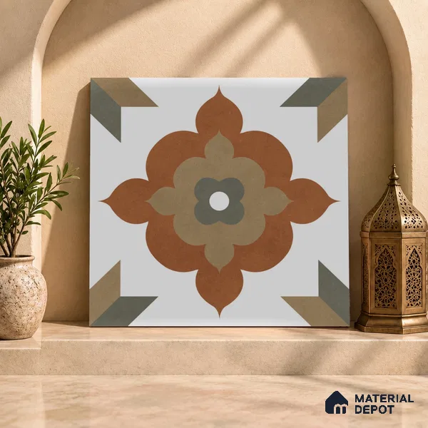 Moroccan Floor Tile TL 09479 Ogee Cotto 2 ft x 2 ft Matte Finish Vitrified Tile - 9 mm | 1 Random Design | Suitable For Kitchen, Balcony, Dining Area | Please Expect a Slight Variation of Pattern