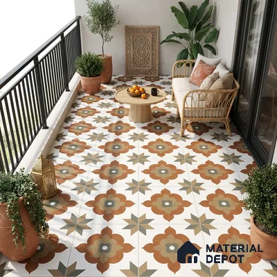 Moroccan Floor Tile TL 09479 Ogee Cotto 2 ft x 2 ft Matte Finish Vitrified Tile - 9 mm | 1 Random Design | Suitable For Kitchen, Balcony, Dining Area | Please Expect a Slight Variation of Pattern