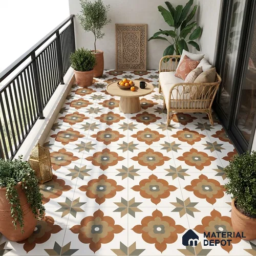 Moroccan Floor Tile TL 09479 Ogee Cotto 2 ft x 2 ft Matte Finish Vitrified Tile - 9 mm | 1 Random Design | Suitable For Kitchen, Balcony, Dining Area | Please Expect a Slight Variation of Pattern