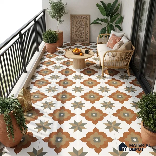 Moroccan Floor Tile TL 09479 Ogee Cotto 2 ft x 2 ft Matte Finish Vitrified Tile - 9 mm | 1 Random Design | Suitable For Kitchen, Balcony, Dining Area | Please Expect a Slight Variation of Pattern