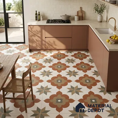 Moroccan Floor Tile TL 09479 Ogee Cotto 2 ft x 2 ft Matte Finish Vitrified Tile - 9 mm | 1 Random Design | Suitable For Kitchen, Balcony, Dining Area | Please Expect a Slight Variation of Pattern