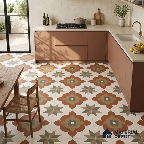 Moroccan Floor Tile TL 09479 Ogee Cotto 2 ft x 2 ft Matte Finish Vitrified Tile - 9 mm | 1 Random Design | Suitable For Kitchen, Balcony, Dining Area | Please Expect a Slight Variation of Pattern