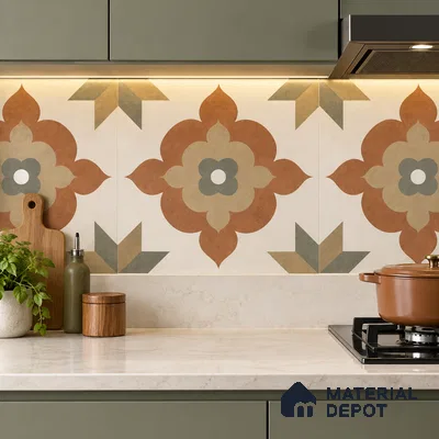 Moroccan Floor Tile TL 09479 Ogee Cotto 2 ft x 2 ft Matte Finish Vitrified Tile - 9 mm | 1 Random Design | Suitable For Kitchen, Balcony, Dining Area | Please Expect a Slight Variation of Pattern