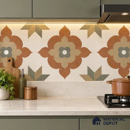 Moroccan Floor Tile TL 09479 Ogee Cotto 2 ft x 2 ft Matte Finish Vitrified Tile - 9 mm | 1 Random Design | Suitable For Kitchen, Balcony, Dining Area | Please Expect a Slight Variation of Pattern