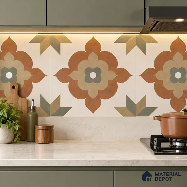 Moroccan Floor Tile TL 09479 Ogee Cotto 2 ft x 2 ft Matte Finish Vitrified Tile - 9 mm | 1 Random Design | Suitable For Kitchen, Balcony, Dining Area | Please Expect a Slight Variation of Pattern