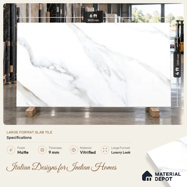 Marble Floor & Wall Tile TL 09625 Rocco White Glit 6 ft x 4 ft Infinia Nutech Finish Vitrified Large Format Tile - 9 mm | 3 Random Design | Suitable For Living Room, Bedroom, Dining Area | Adhesive and Spacers Must be Used During Installation